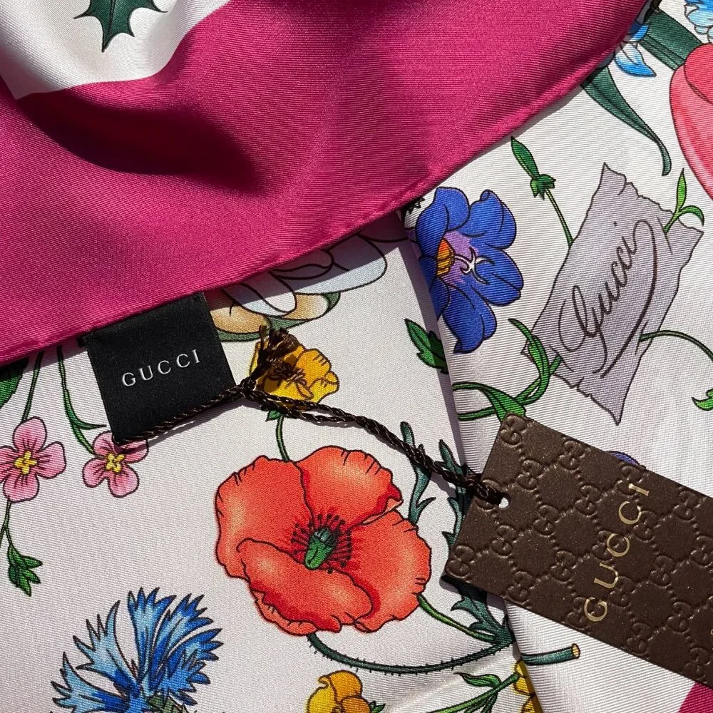 Gucci Silk Wrap Flora Print Logo White Multicolor Pink Border Scarf